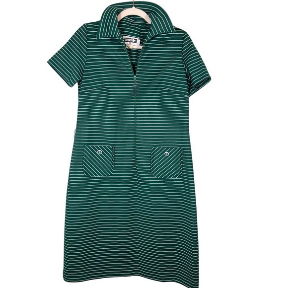 Vintage One Way Striped Dress 14 Green Retro Mod Classic Chic Preppy Active 70s - Picture 1 of 10